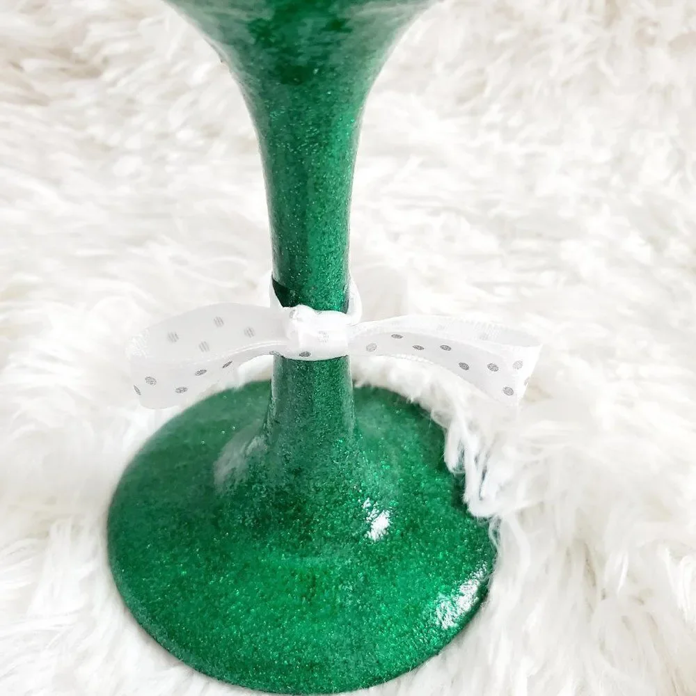 Mrs Claus Prefers Wine Green Glittered Stemmed Wine Glass, Funny Christmas Glass